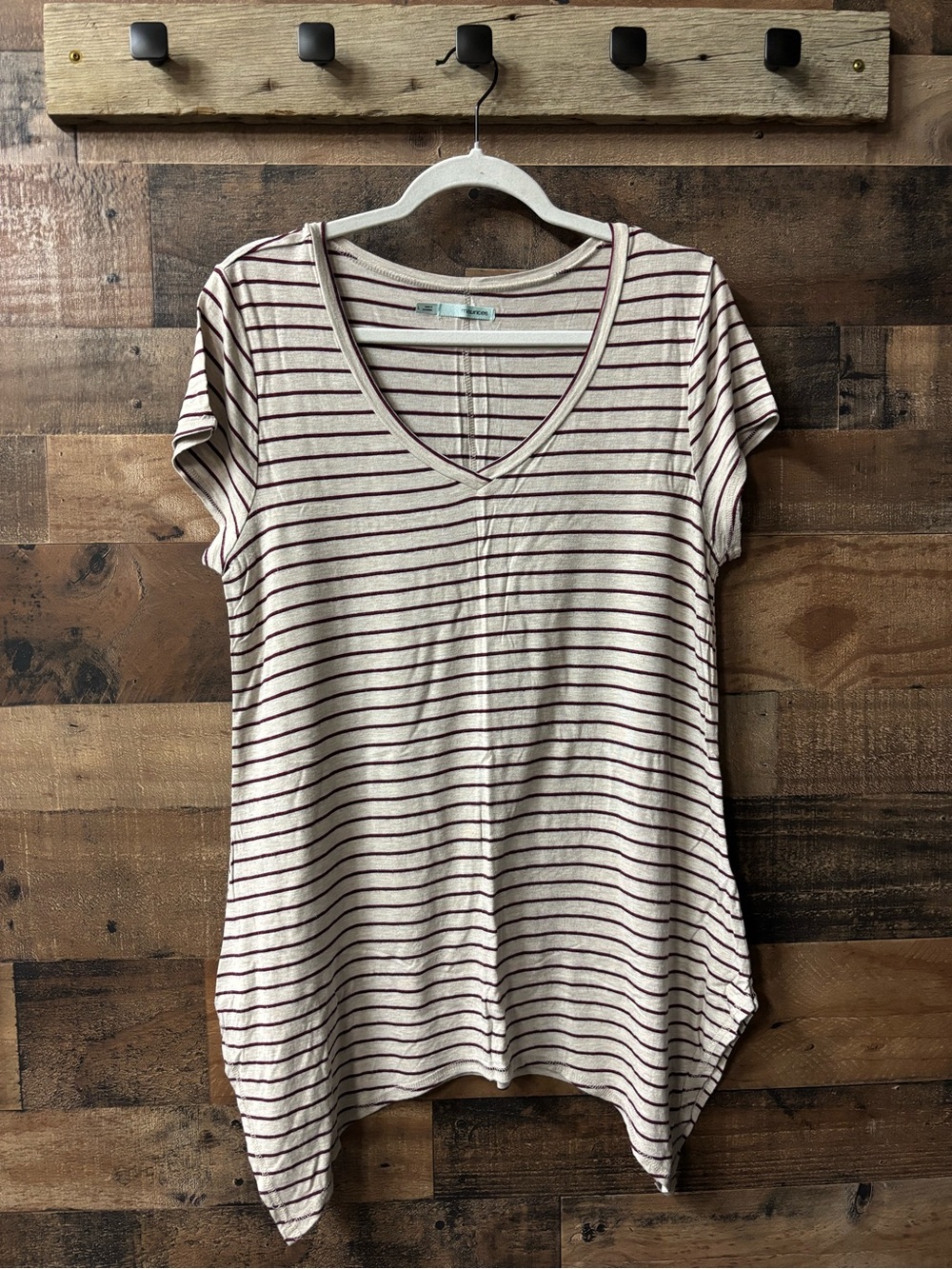 Maurices Cream and Burgundy Striped V‑Neck Tunic